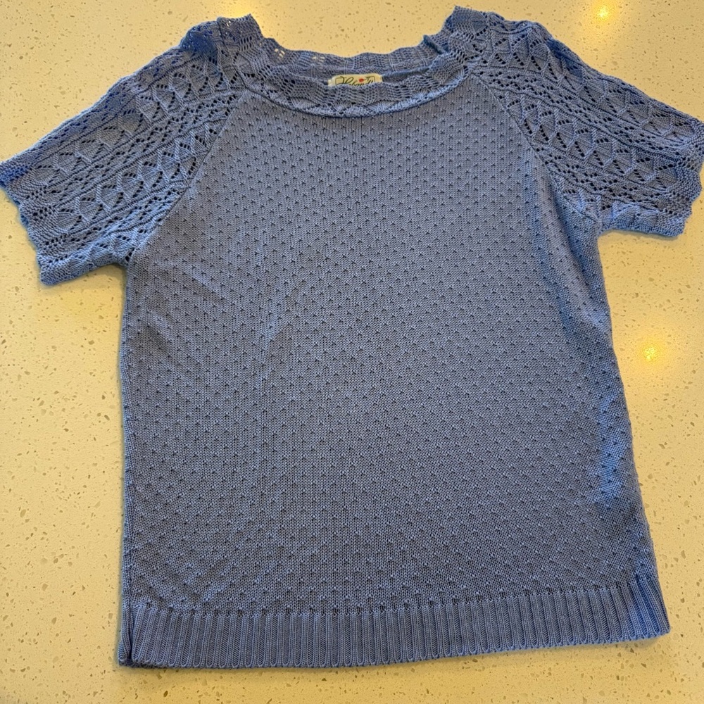 S Vintage Haband Blouse Short Sleeve Sweater Purple Blue Womens Small Crochet Ma